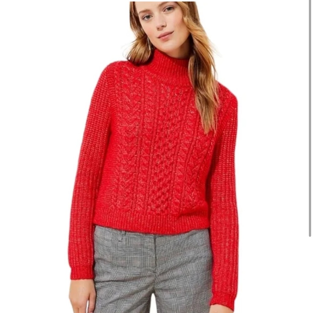 LOFT Red Cowl Neck Cable Knit Sweater